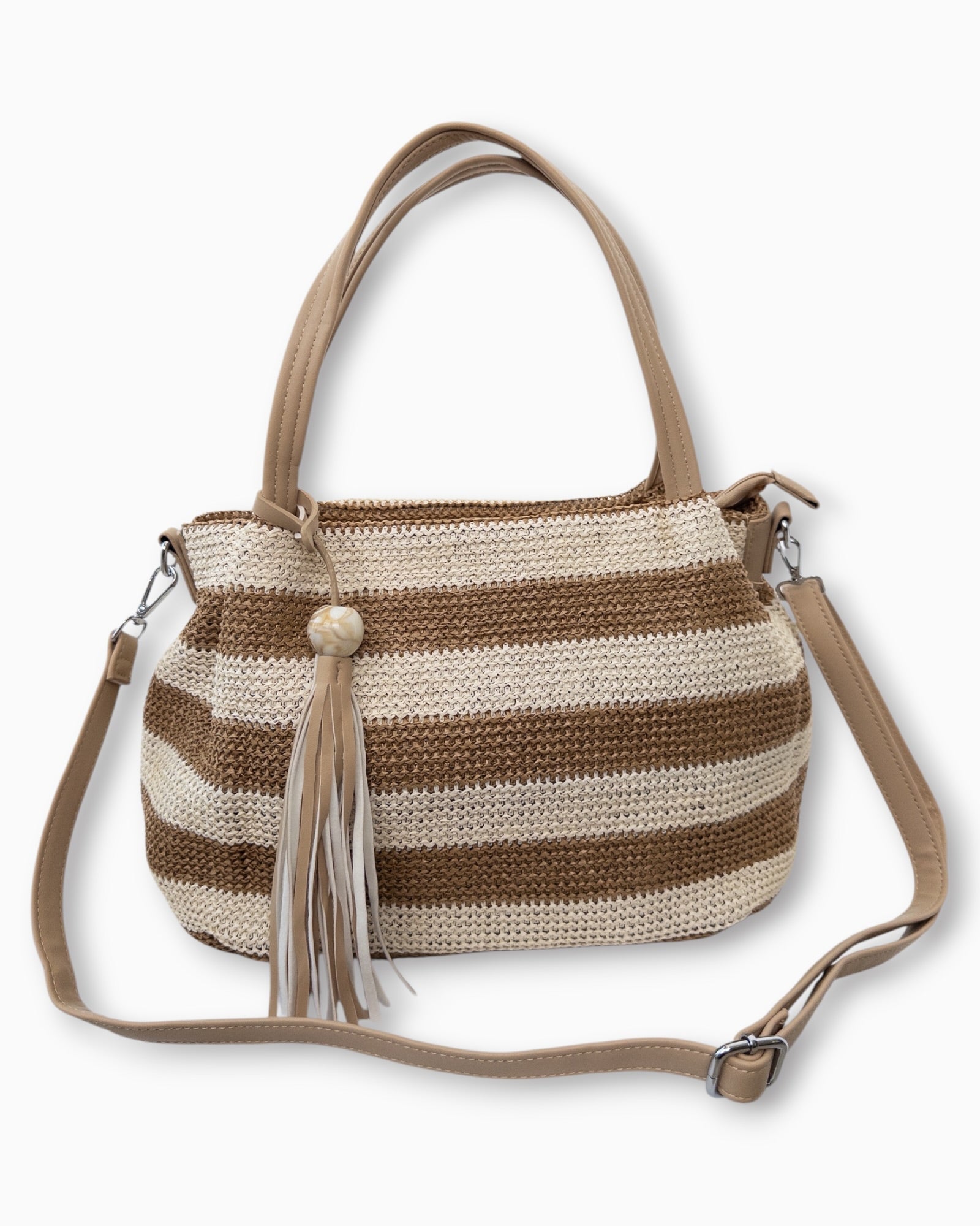 Handtasche mit Streifenmuster und Quaste camel creme
