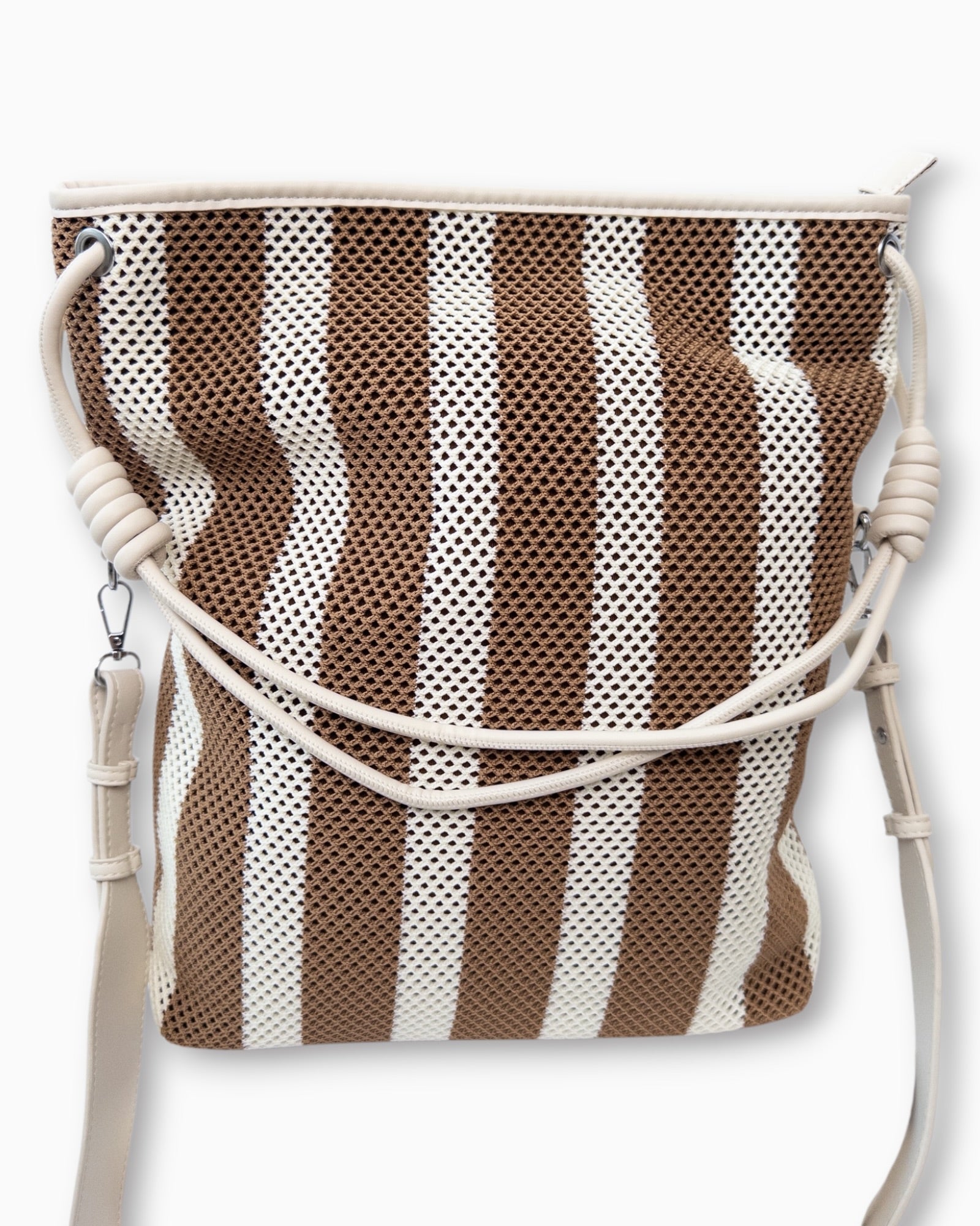 Shopper mit Streifenmuster und Netzstruktur creme braun
