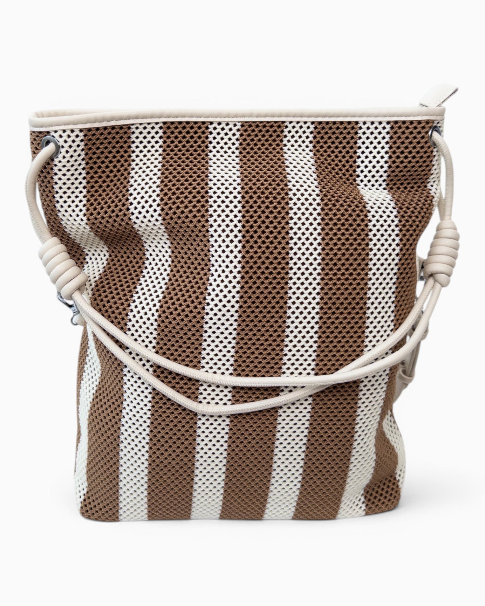 Shopper mit Streifenmuster und Netzstruktur creme braun