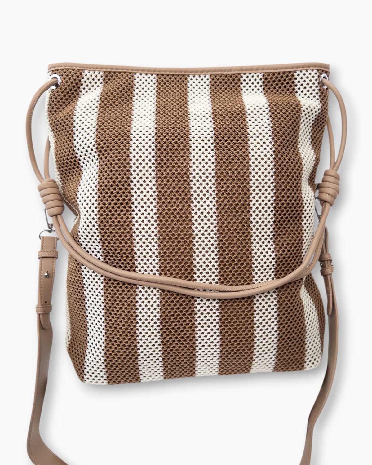 Shopper mit Streifenmuster und Netzstruktur camel braun creme