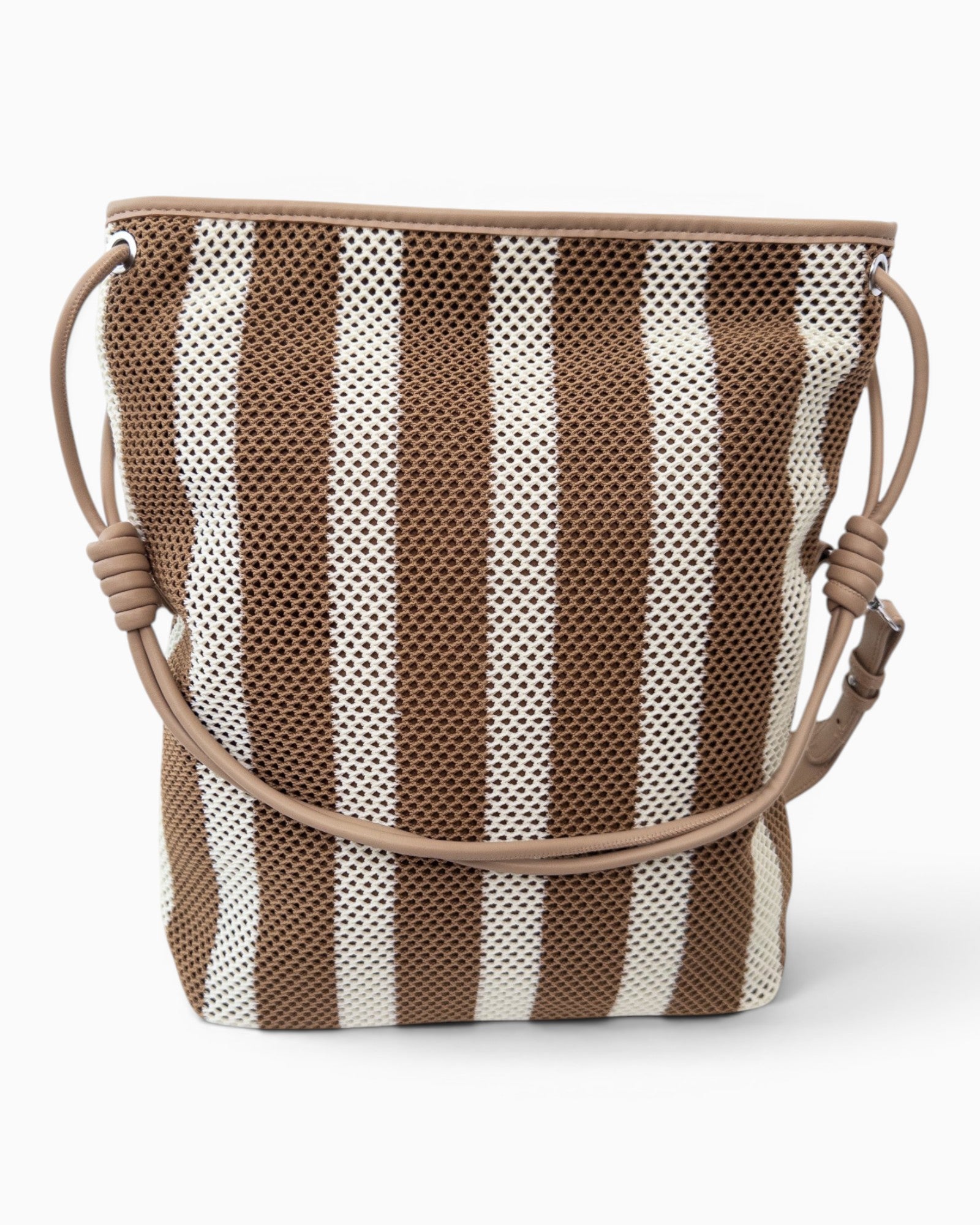 Shopper mit Streifenmuster und Netzstruktur camel braun creme