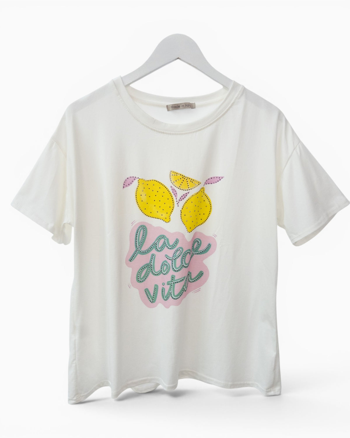Shirt mit Zitronenmotiv und Strassdetails weiß