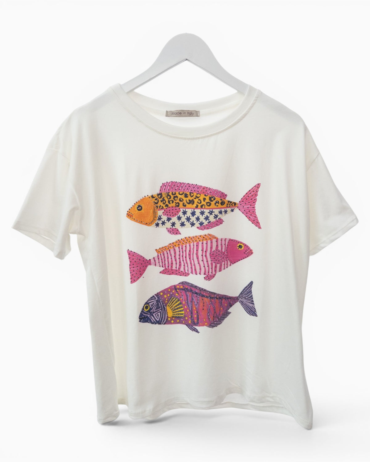 Shirt mit buntem Fischmotiv und Strassdetails weiß