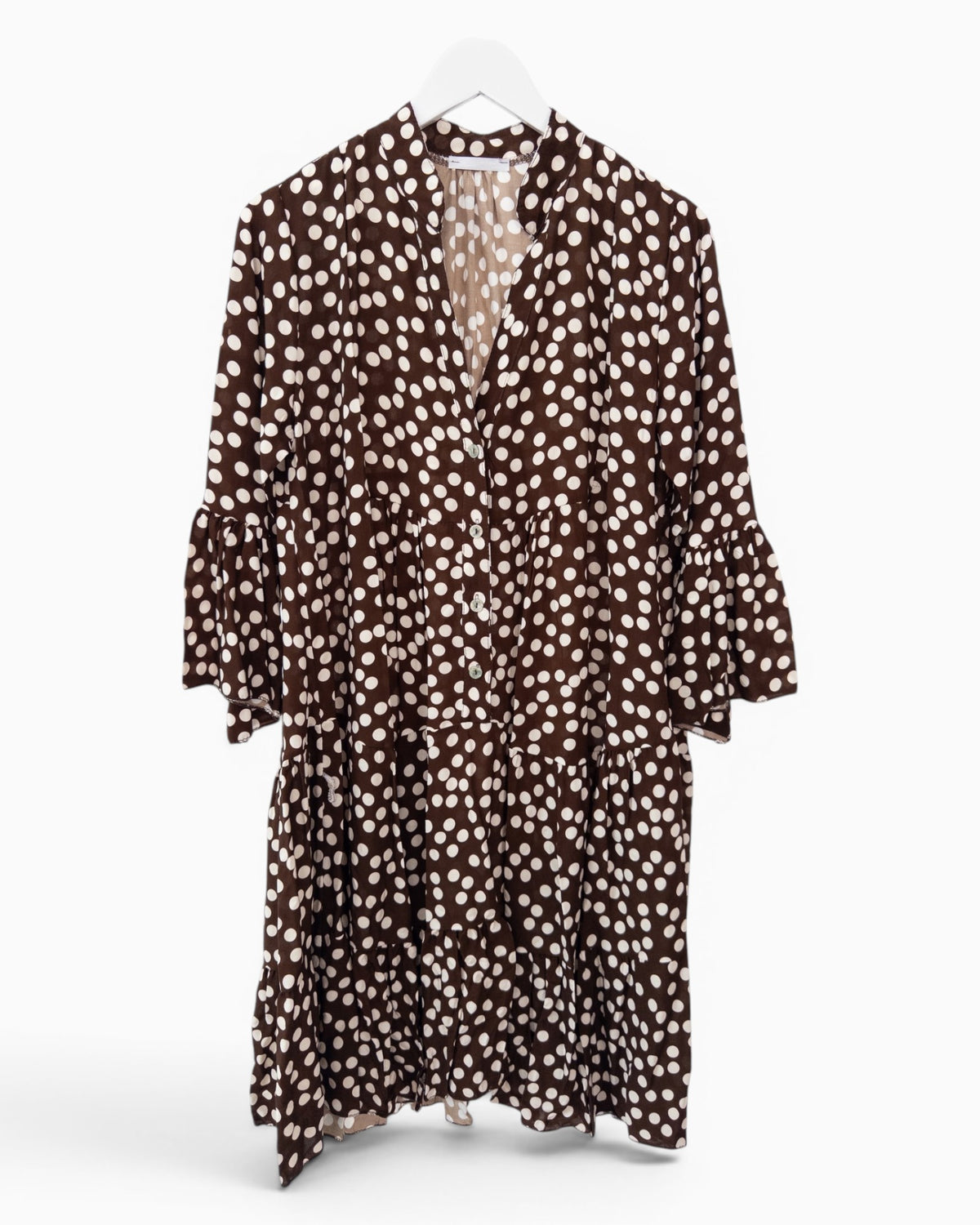 Kleid mit Punktemuster und Knopfleiste dunkelbraun