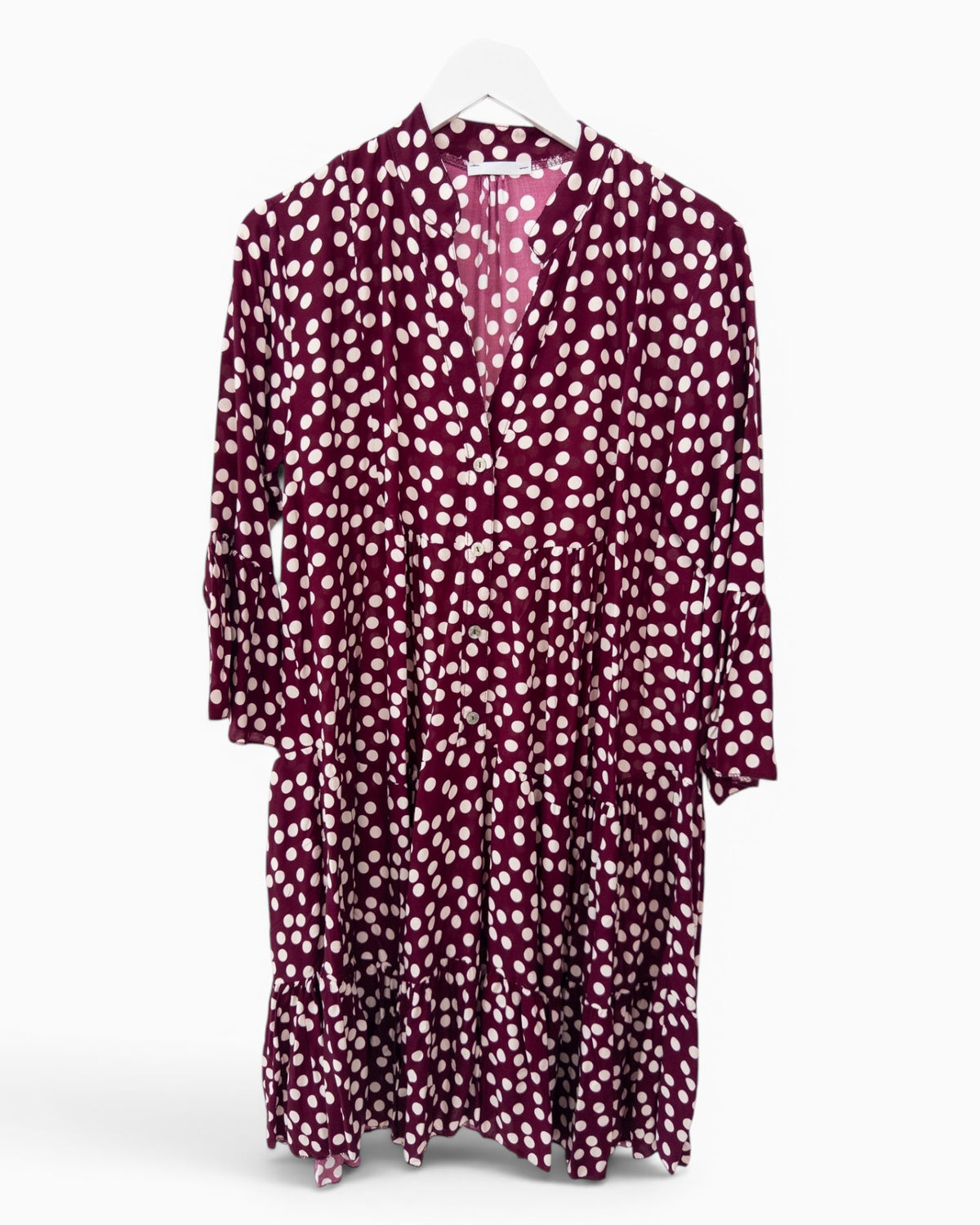 Kleid mit Punktemuster und Knopfleiste bordeaux