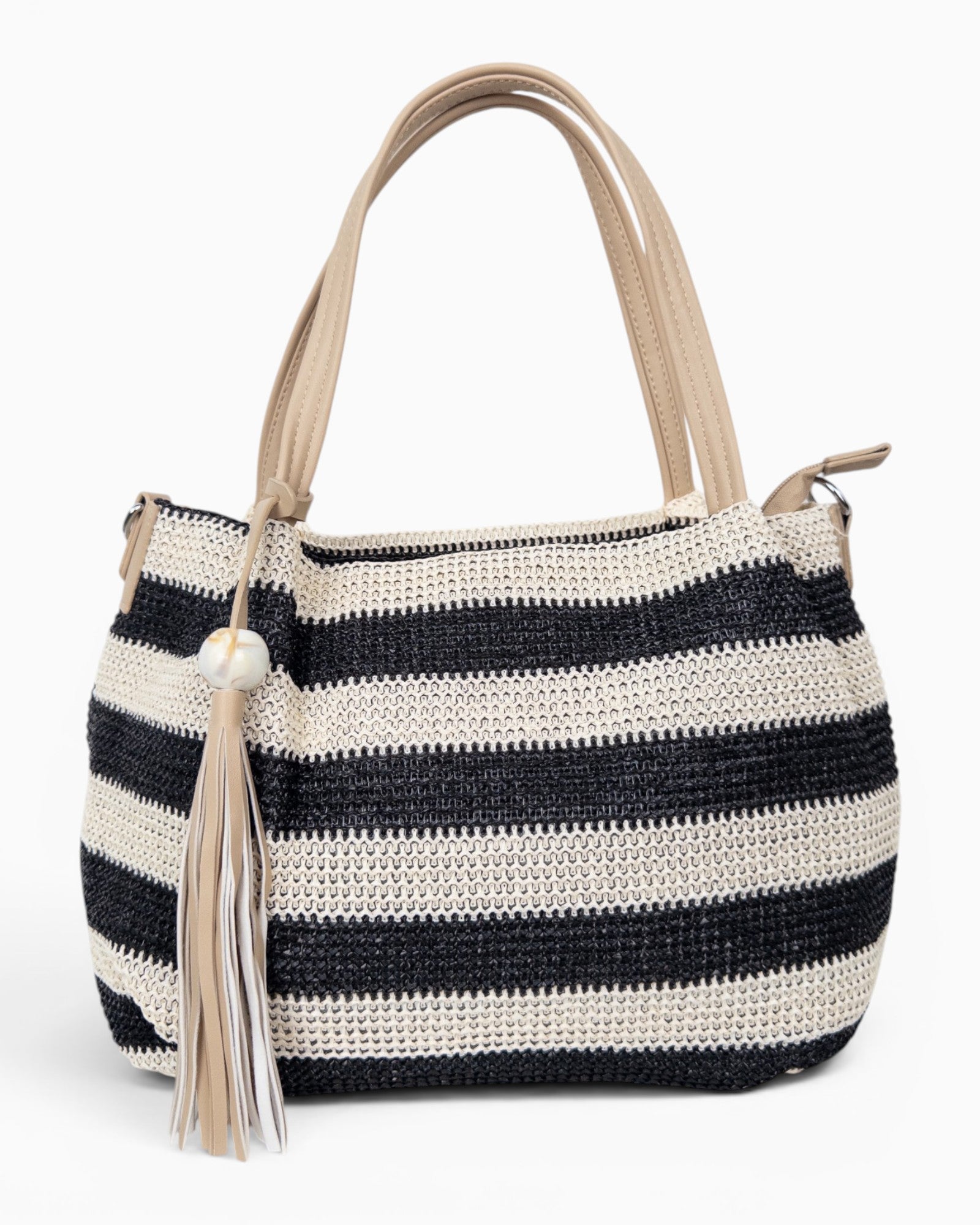 Handtasche mit Streifenmuster und Quaste schwarz creme