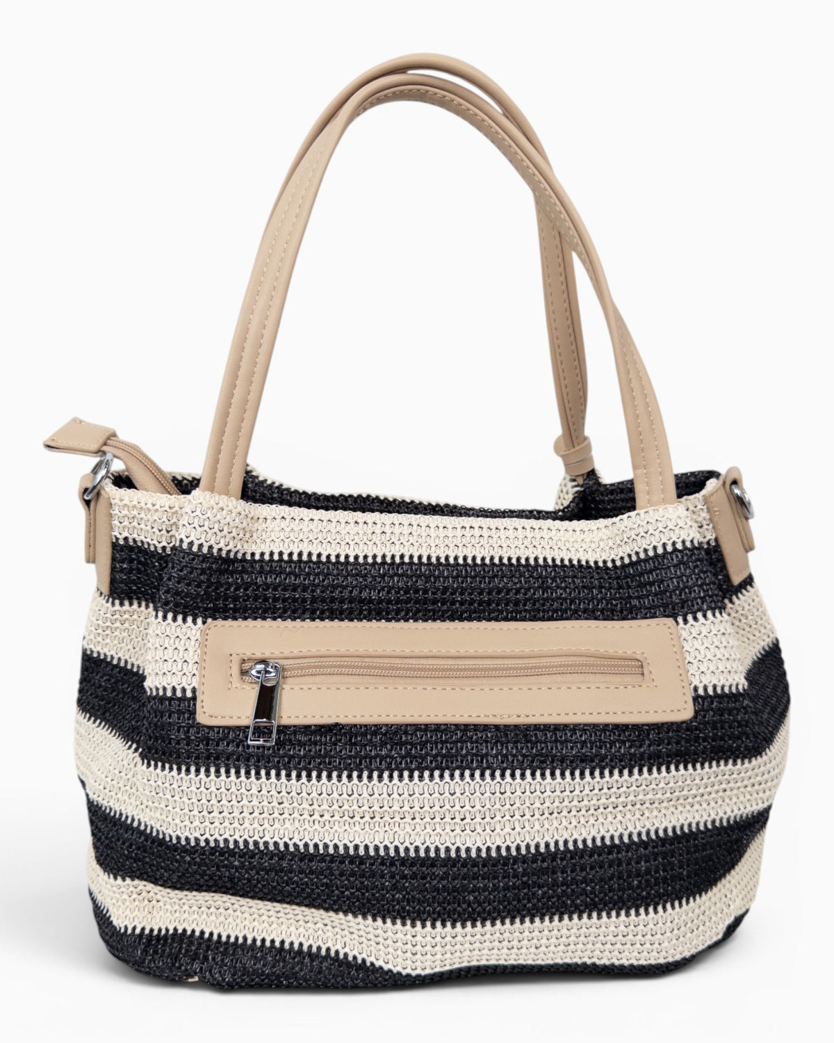 Handtasche mit Streifenmuster und Quaste schwarz creme