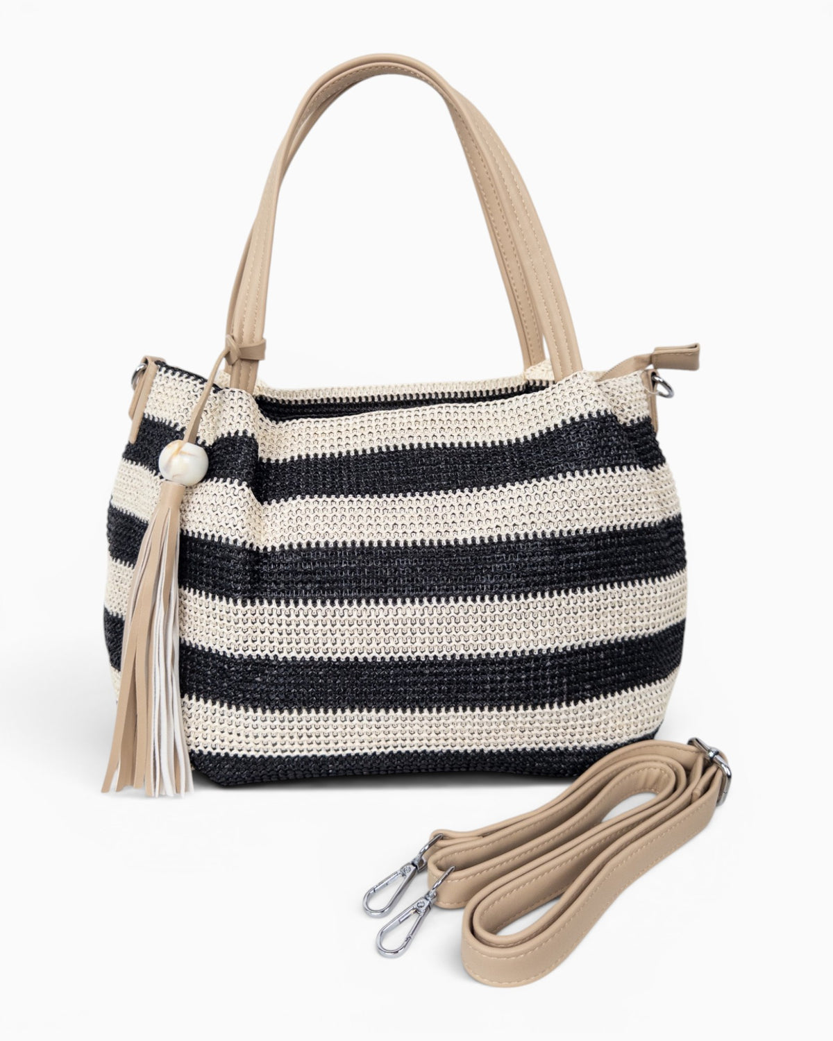 Handtasche mit Streifenmuster und Quaste schwarz creme