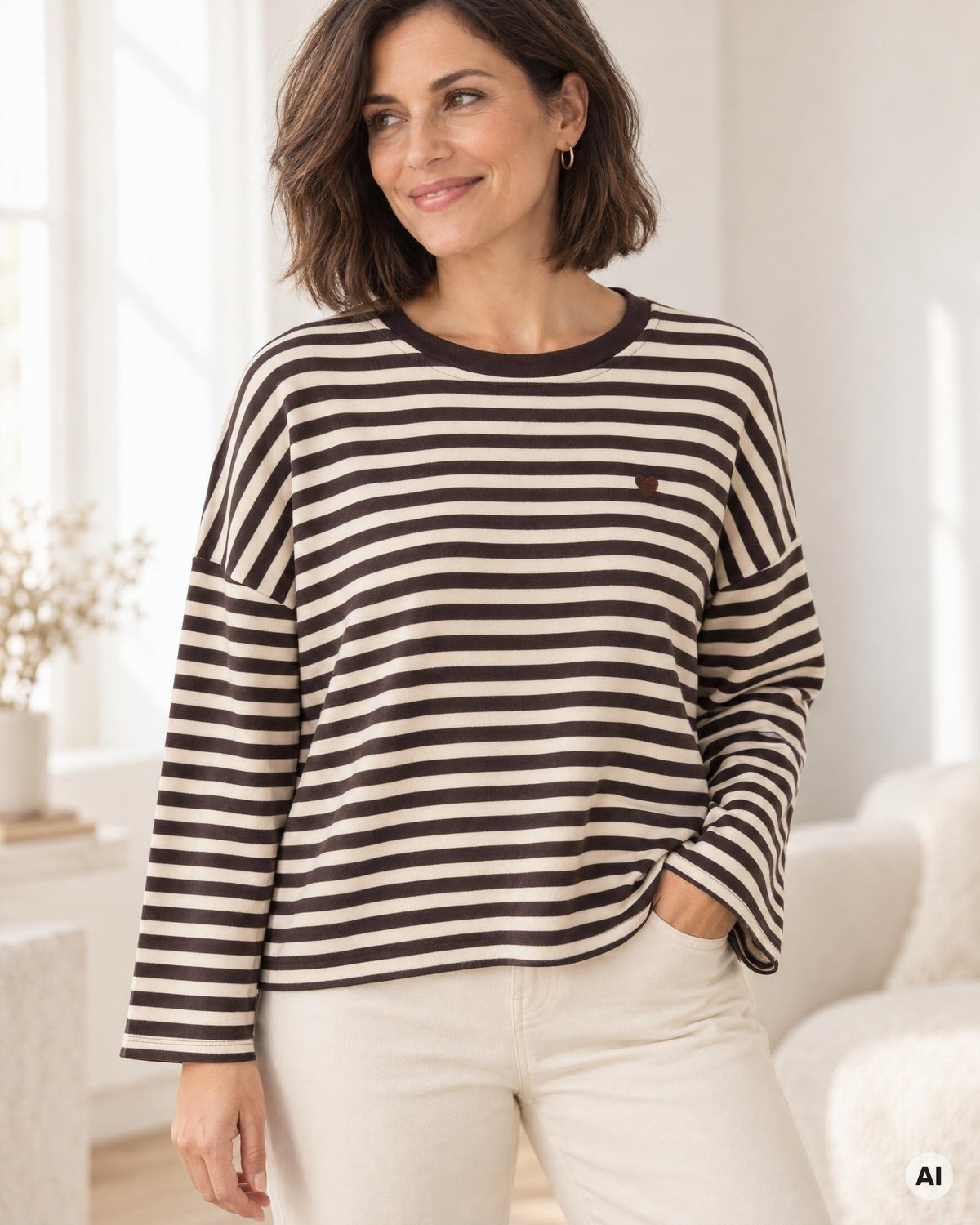Streifenpullover mit Herz creme braun