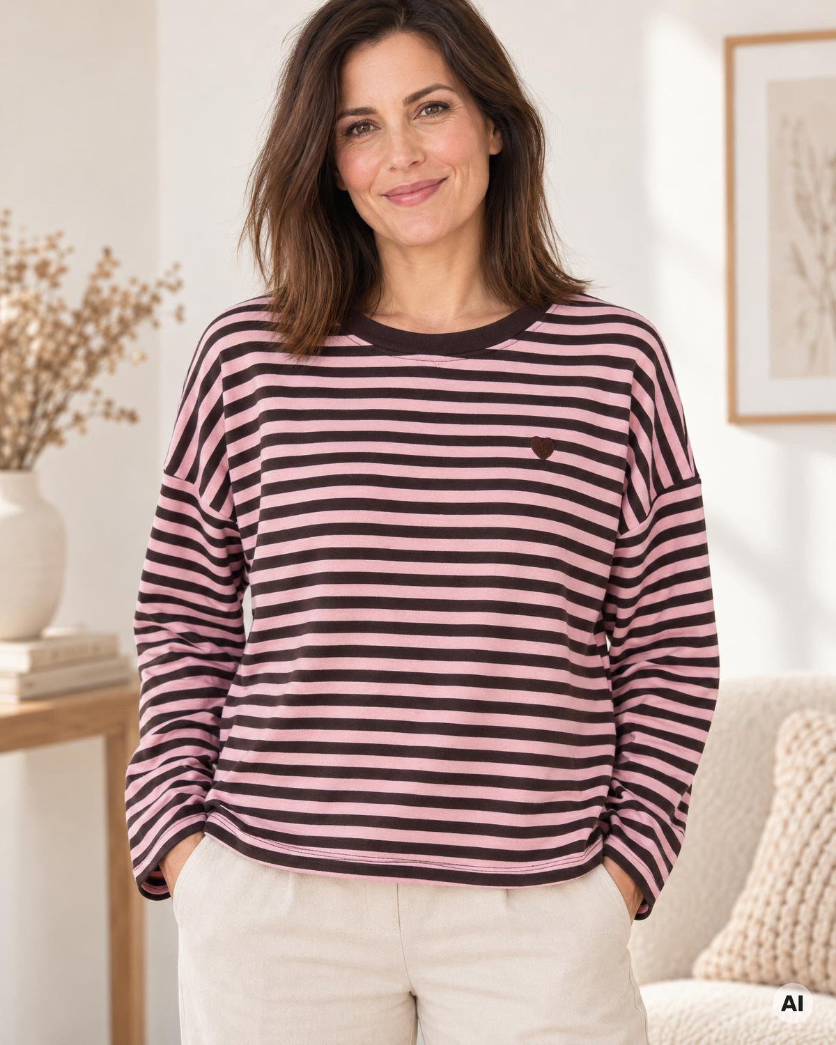 Streifenpullover mit Herz rosa braun