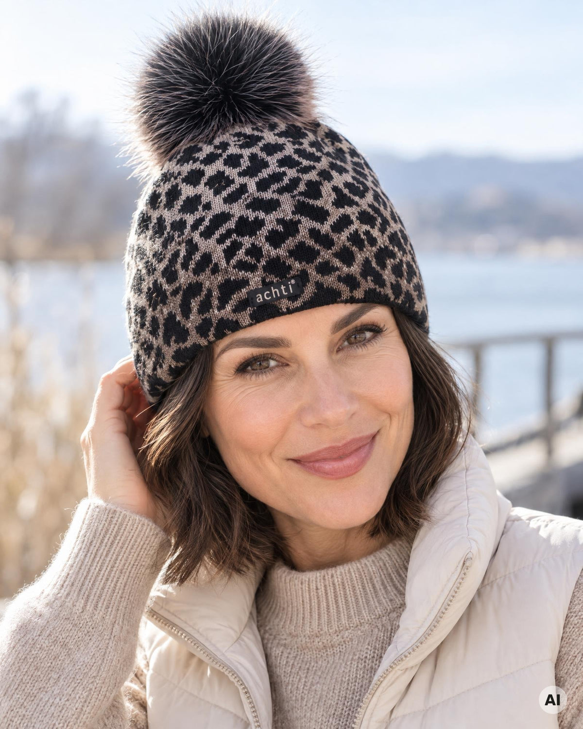 Mütze Leo mit Bommel schwarz taupe