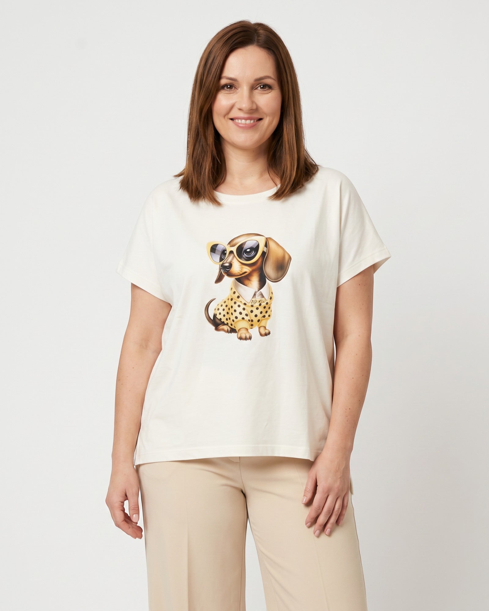 Shirt mit Dackel-Print und Sonnenbrille weiß