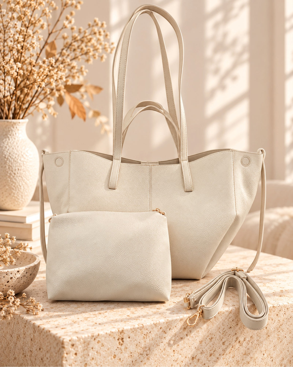 Handtaschen-Set mit herausnehmbarer Innentasche creme