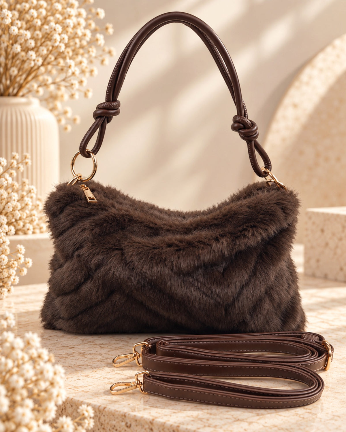 Umhängetasche Kunstfell mit Knotengriff dunkelbraun