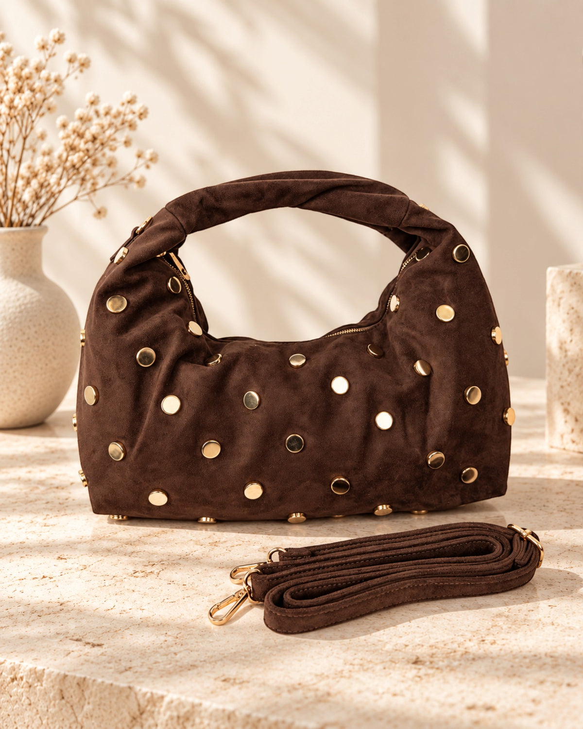 Handtasche Nieten Wildlederoptik dunkelbraun