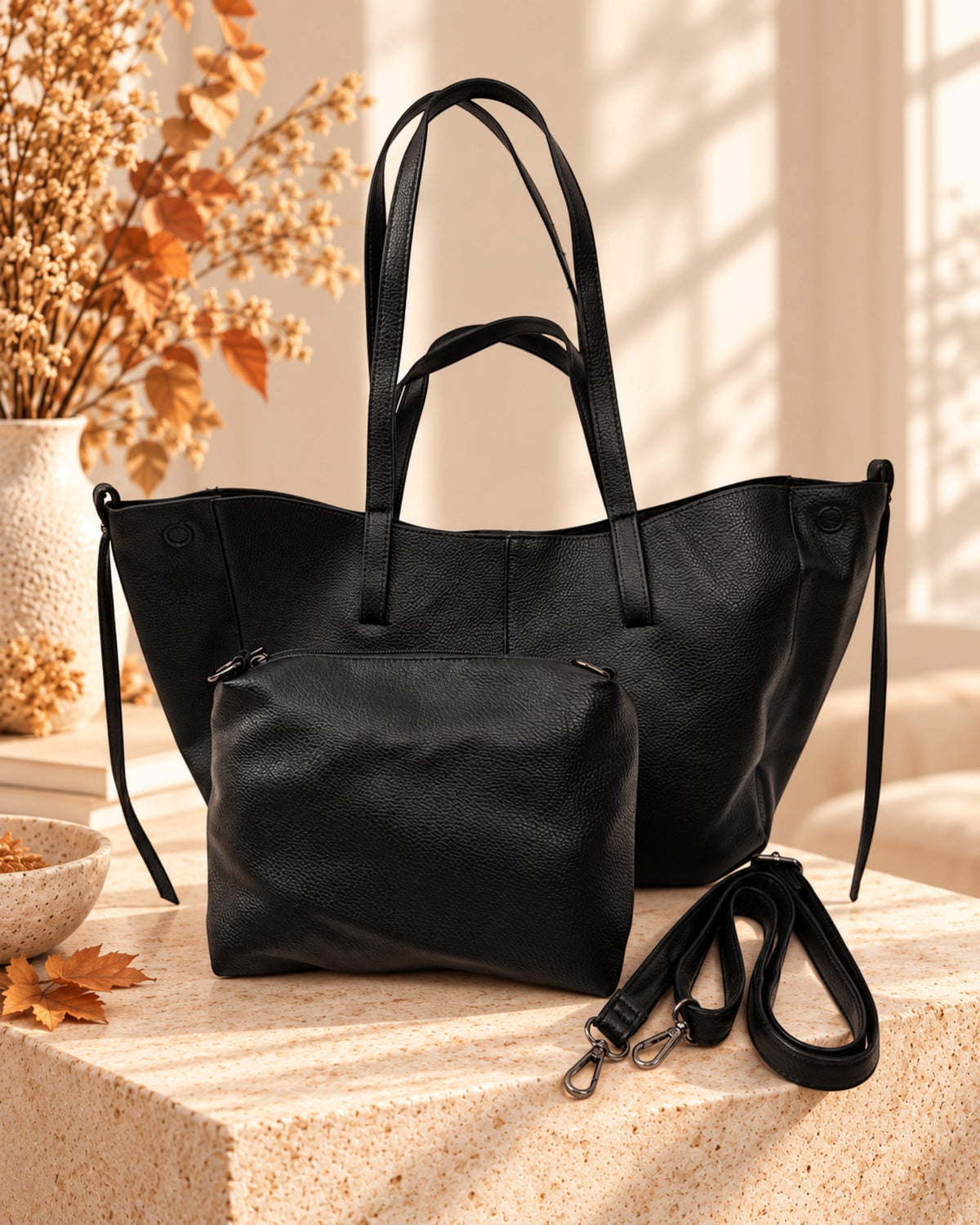 Handtaschen-Set mit herausnehmbarer Innentasche schwarz