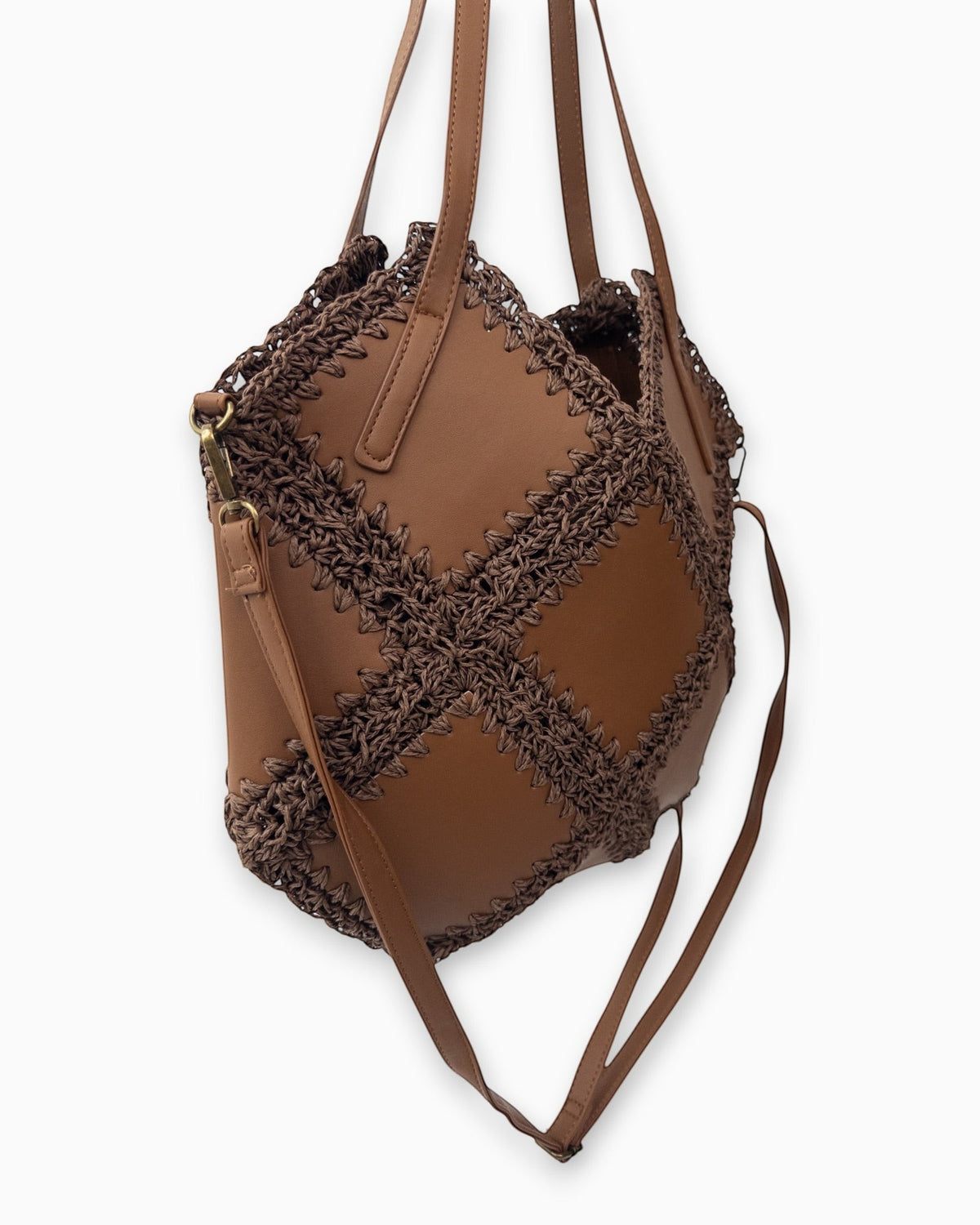 liebesnote braune Häkeltaschen-Shopper mit Leder-Optik-Details und Rautenmuster, Reißverschluss, Henkel und abnehmbarem Gurt