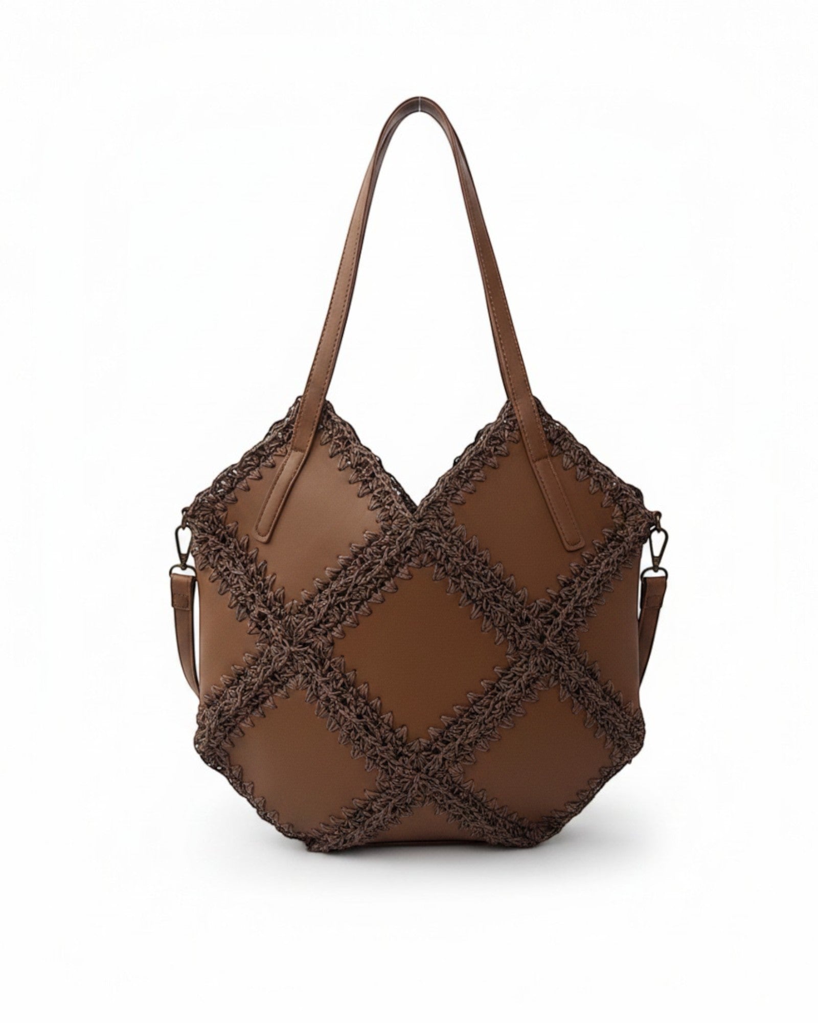liebesnote braune Shopper-Tasche mit Häkel-Optik und Rautenmuster, Henkel und abnehmbarem Gurt