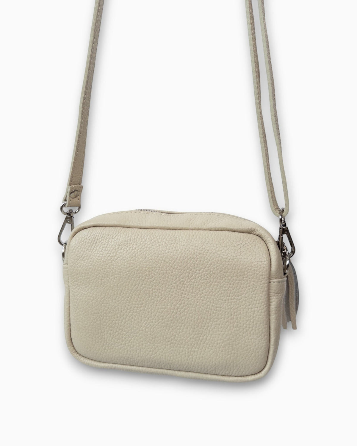 liebesnote beige Leder-Umhängetasche mit Quasten und Reißverschlussfach