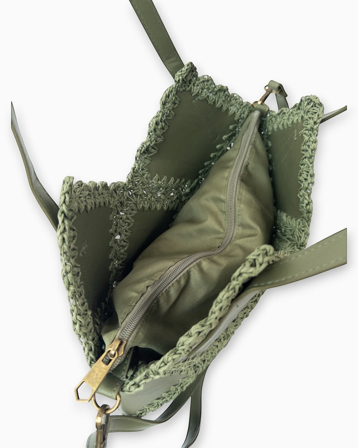 liebesnote olivgrüne Häkeltasche aus Papier mit Leder-Optik-Details und Reißverschluss