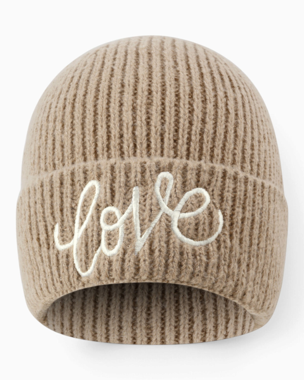 Damen Mütze Love in Beige mit weißer Stickerei