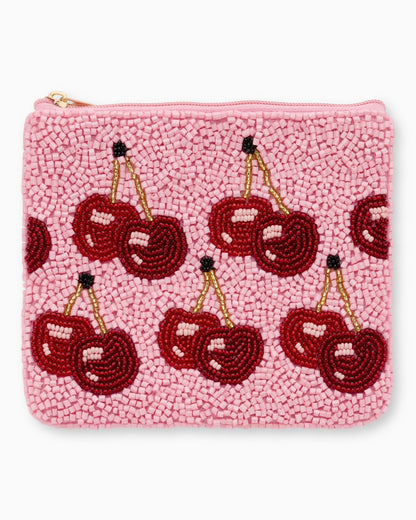 Handbesticktes Mini-Täschchen Kirschen rosa rot