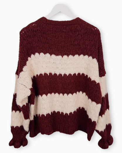 Strickjacke mit Streifen weinrot creme