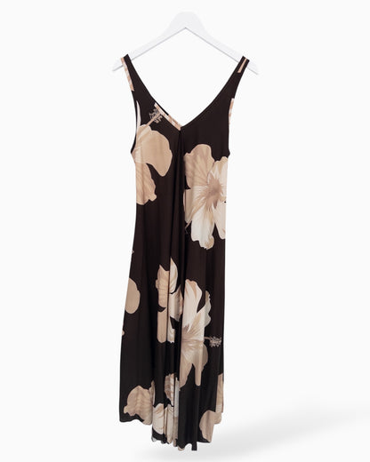 Langes Trägerkleid mit Blumen-Muster dunkelbraun