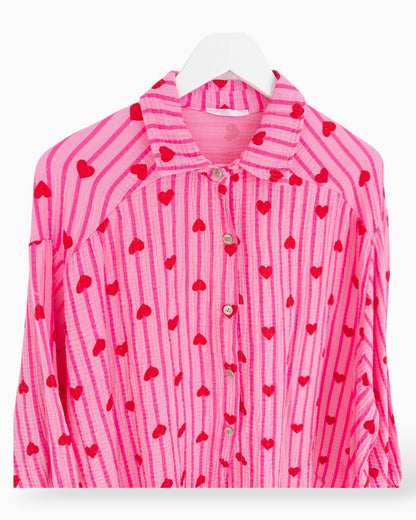 Oversize Musselin-Bluse Herzchen rosa rot