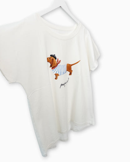 Shirt mit Dackel-Print und Schriftzug weiß blau