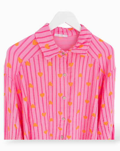 Oversize Musselin-Bluse Herzchen pink orange