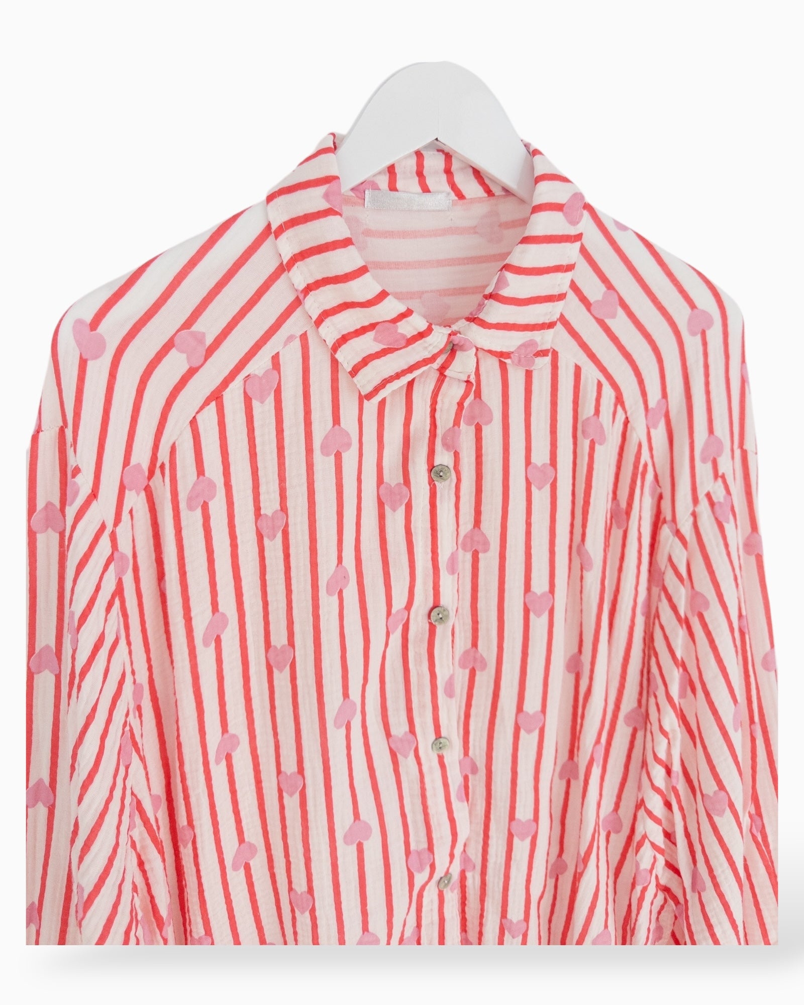 Oversize Musselin-Bluse Herzchen weiß rot