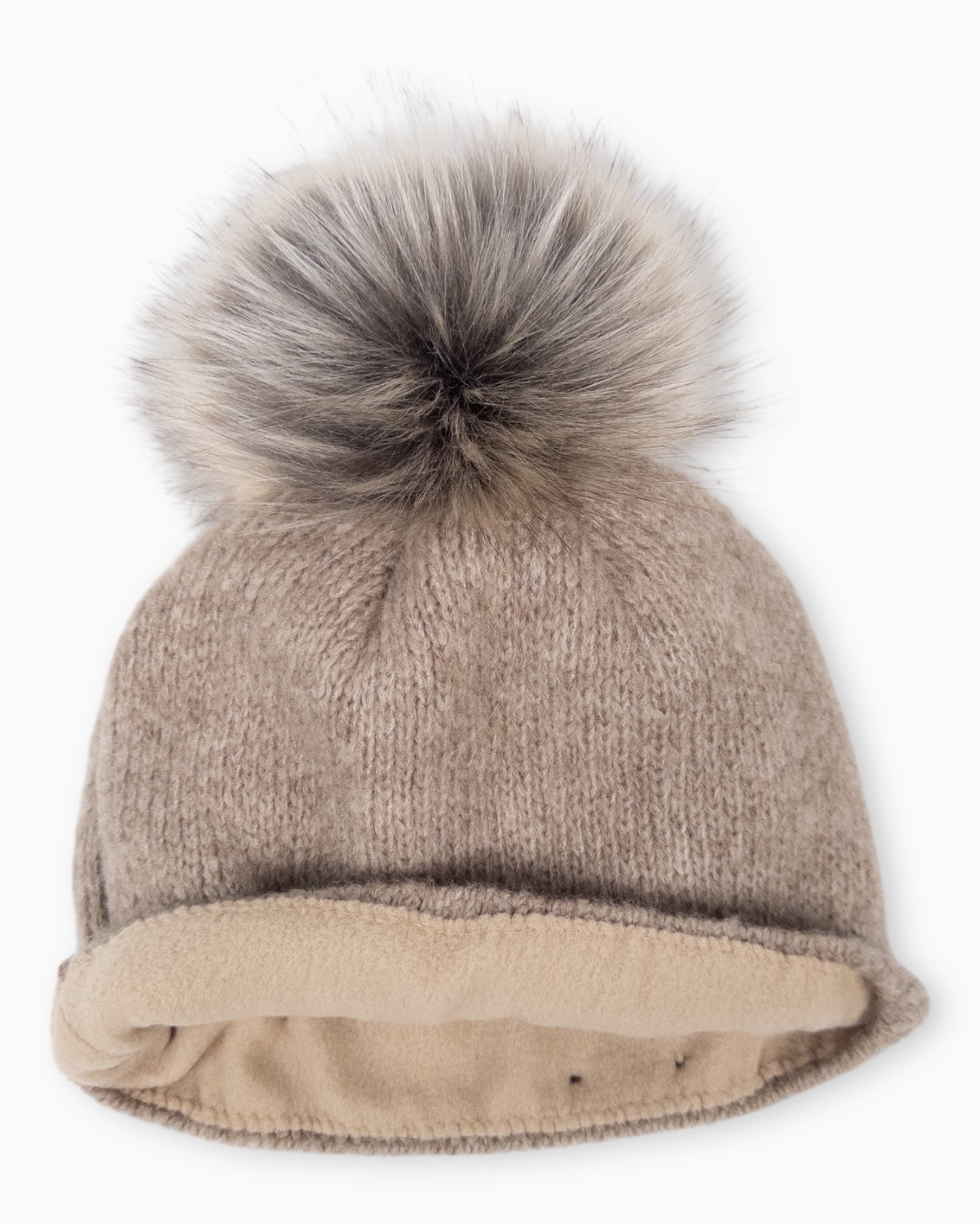 Winterwarme Mütze mit Bommel beige