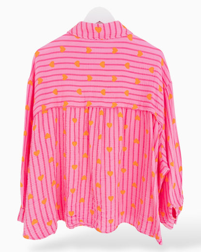 Oversize Musselin-Bluse Herzchen pink orange