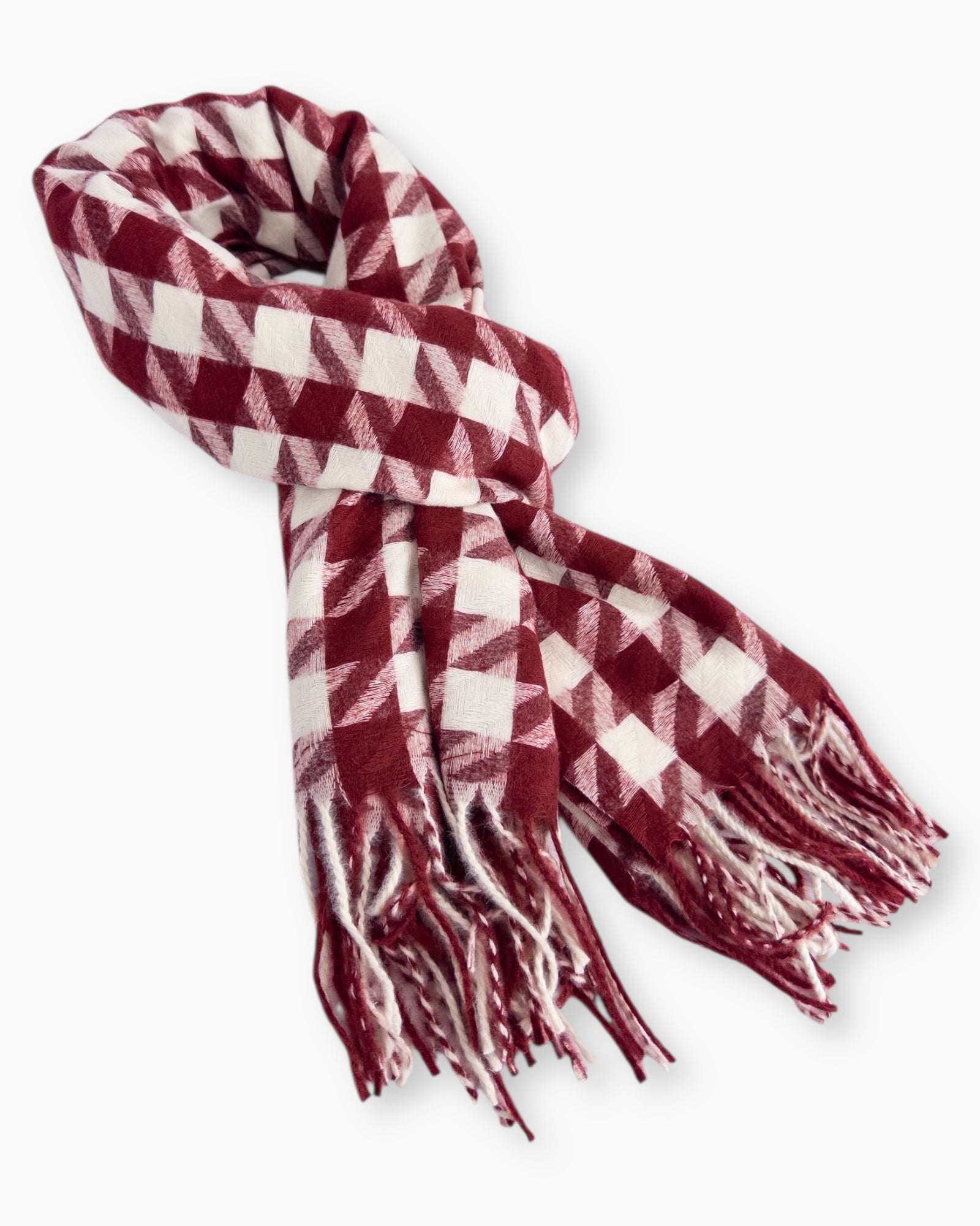 Schal Hahnentrittmuster mit Fransen weinrot