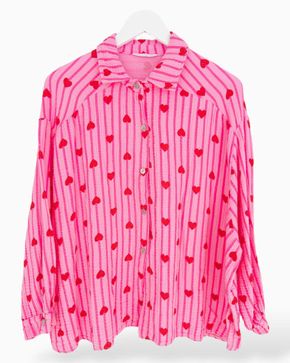 Oversize Musselin-Bluse Herzchen rosa rot