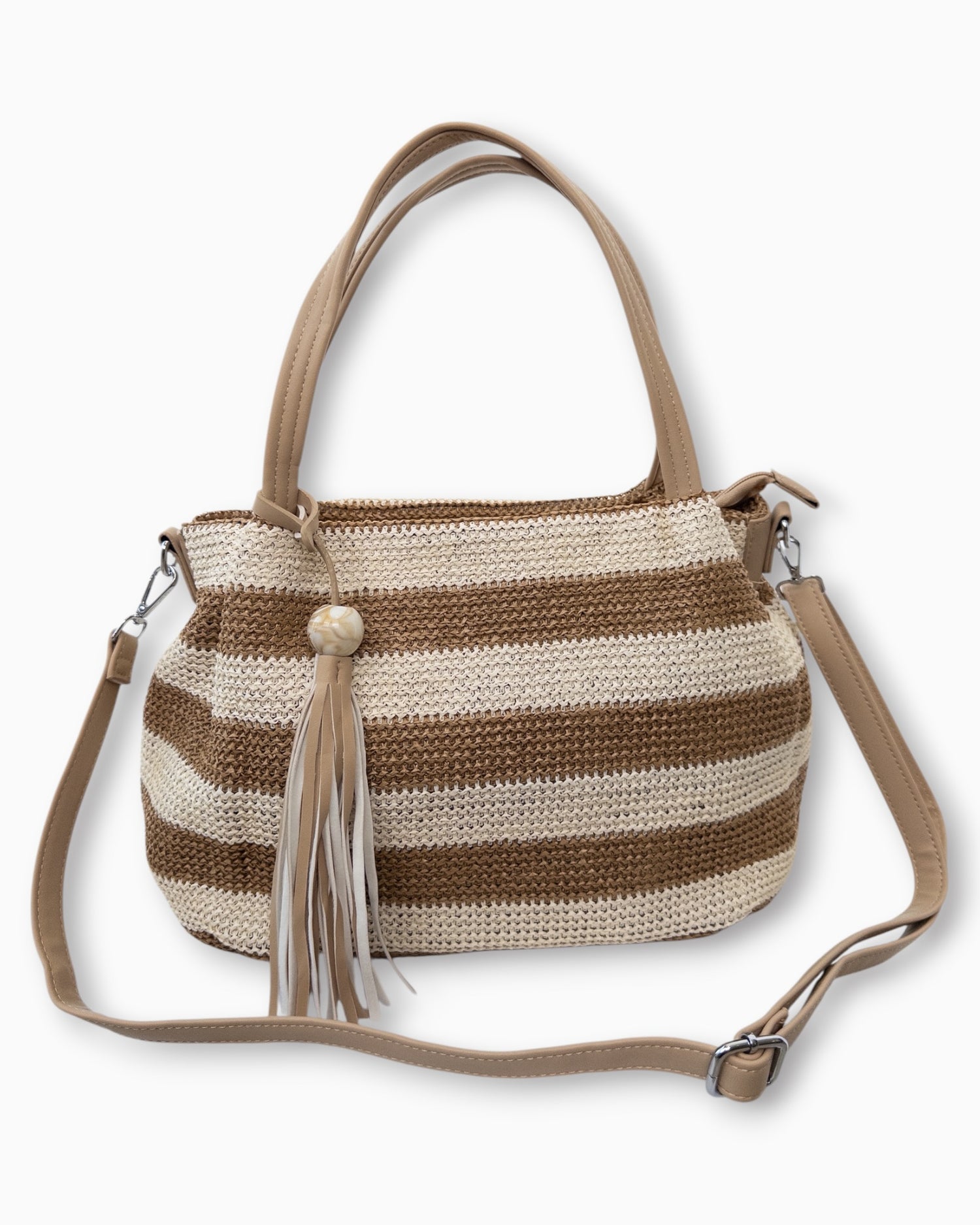 Handtasche mit Streifenmuster und Quaste camel creme