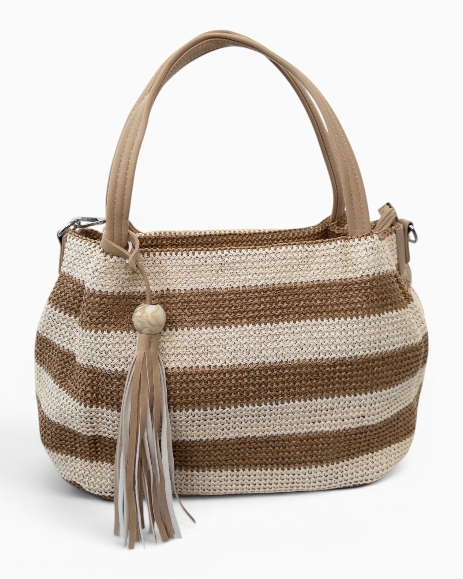 Handtasche mit Streifenmuster und Quaste camel creme