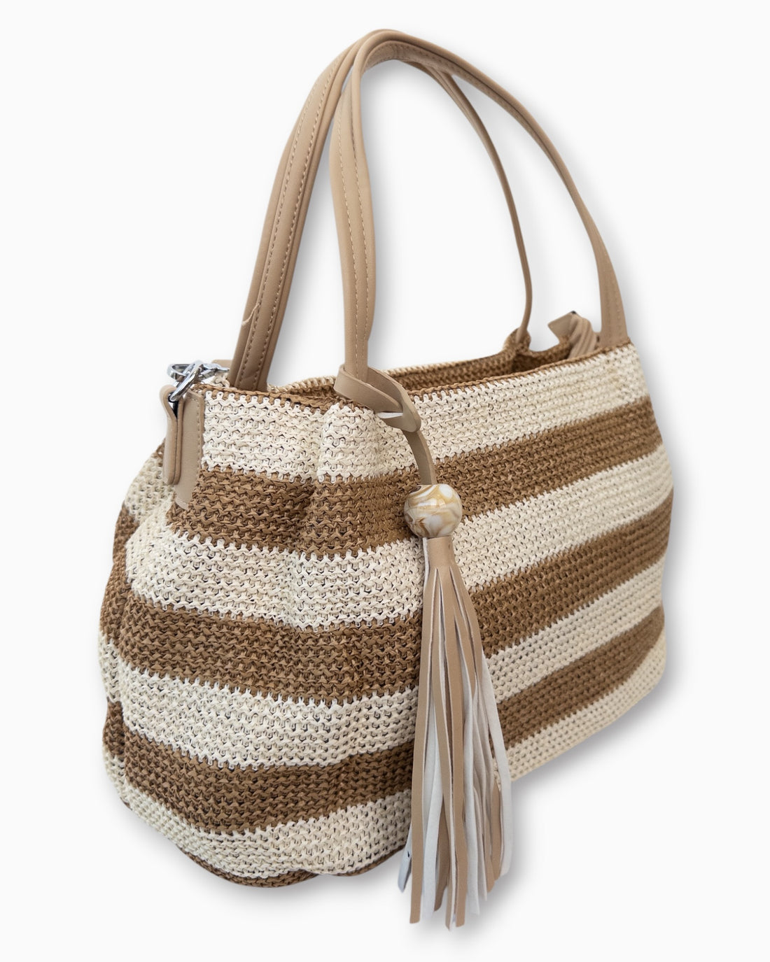 Handtasche mit Streifenmuster und Quaste camel creme