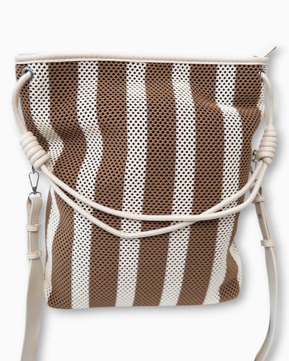 Shopper mit Streifenmuster und Netzstruktur creme braun
