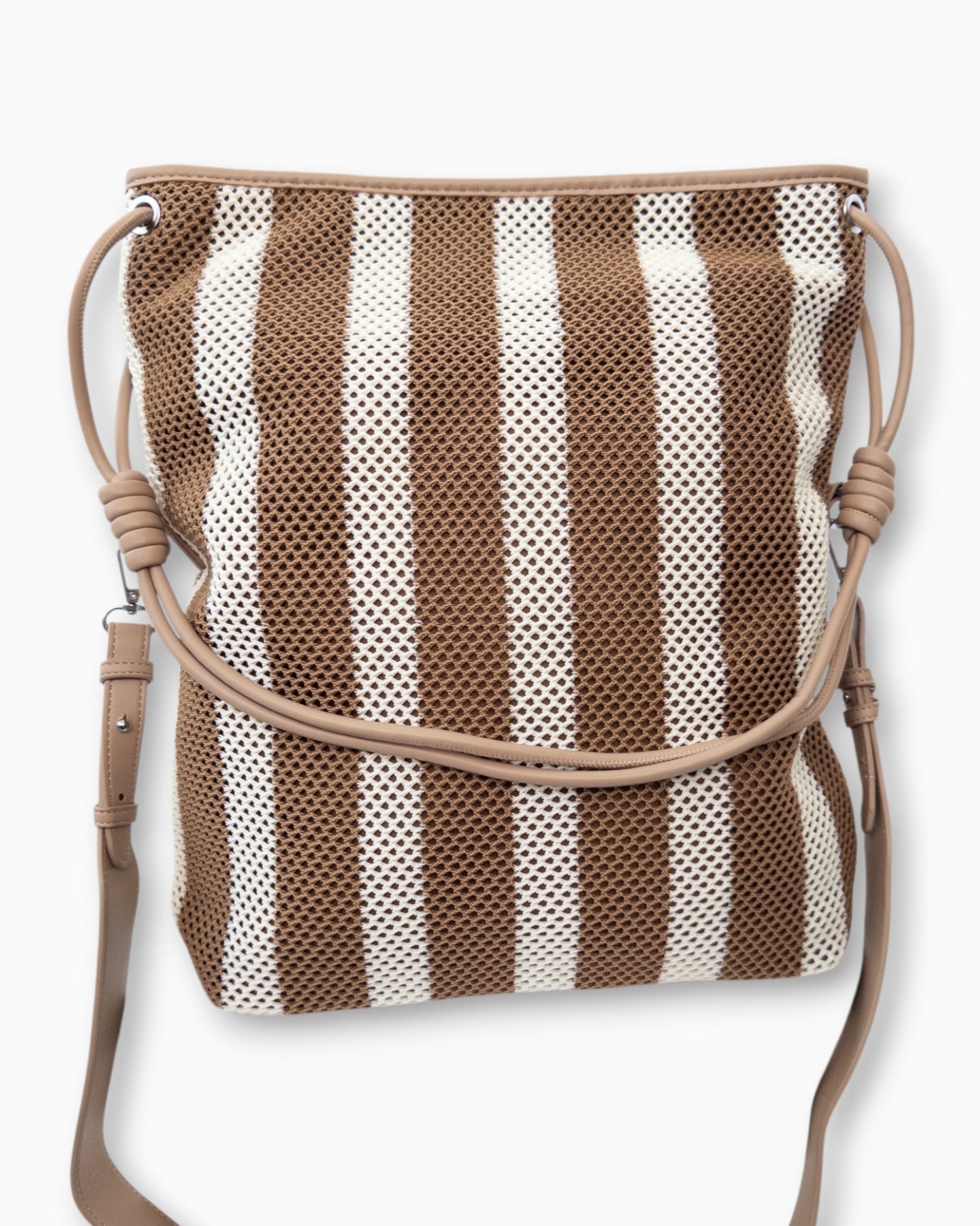 Shopper mit Streifenmuster und Netzstruktur camel braun creme
