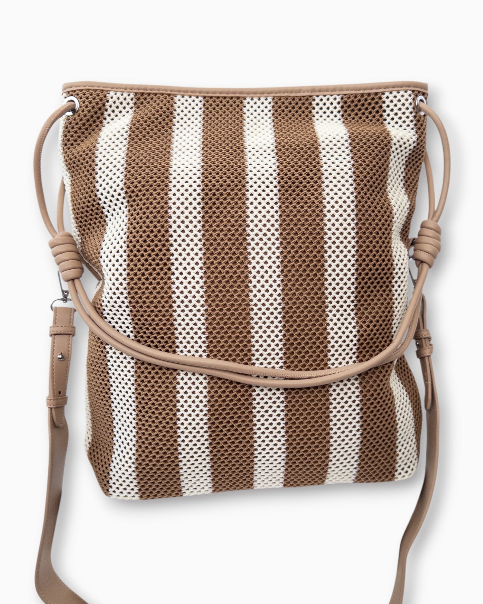 Shopper mit Streifenmuster und Netzstruktur camel braun creme