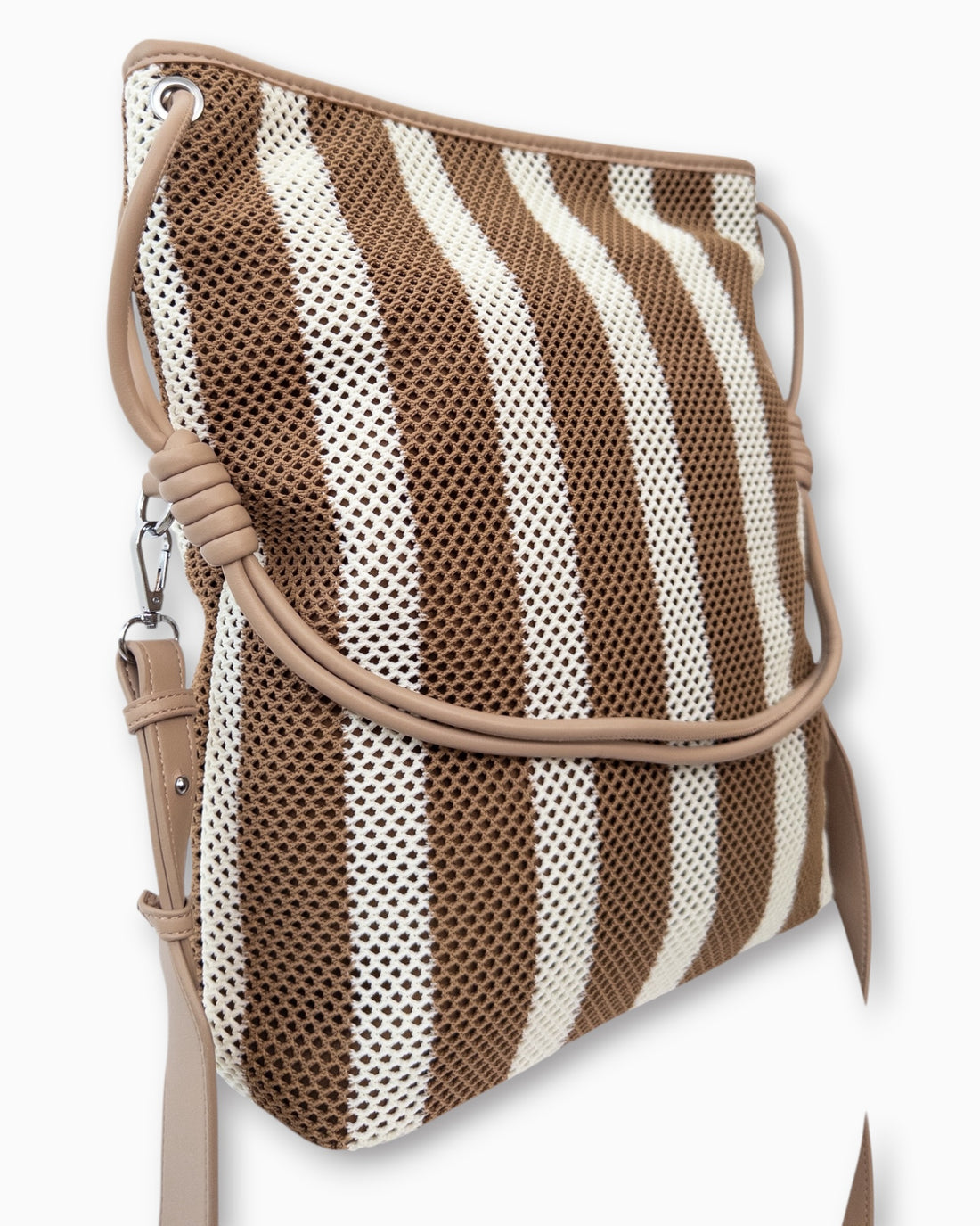 Shopper mit Streifenmuster und Netzstruktur camel braun creme