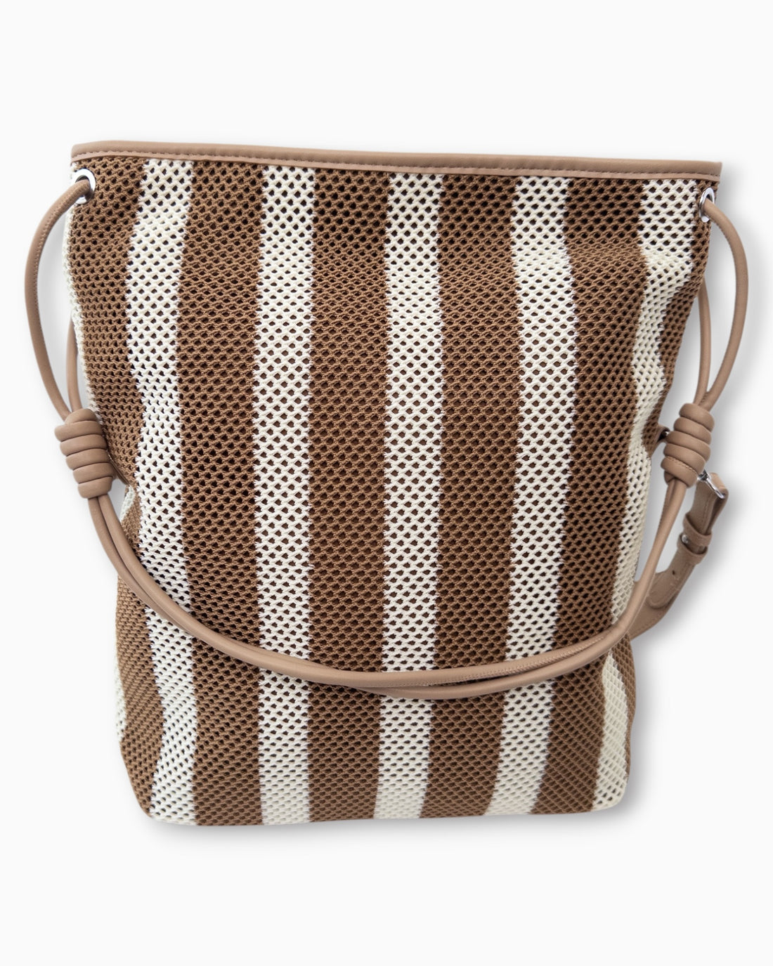 Shopper mit Streifenmuster und Netzstruktur camel braun creme