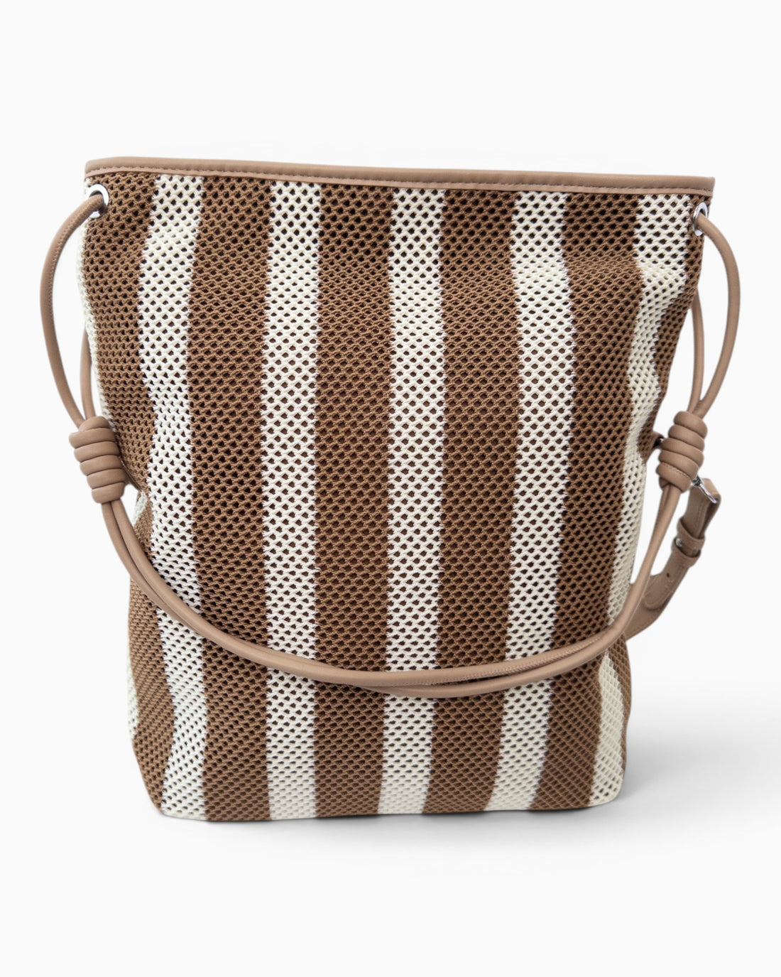 Shopper mit Streifenmuster und Netzstruktur camel braun creme
