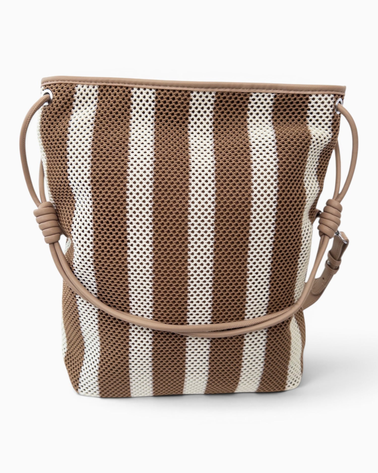 Shopper mit Streifenmuster und Netzstruktur camel braun creme