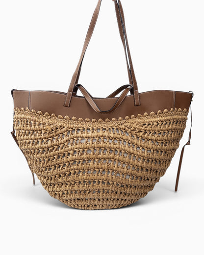 Shopper Tasche in Bast-Optik mit braunen Details natur