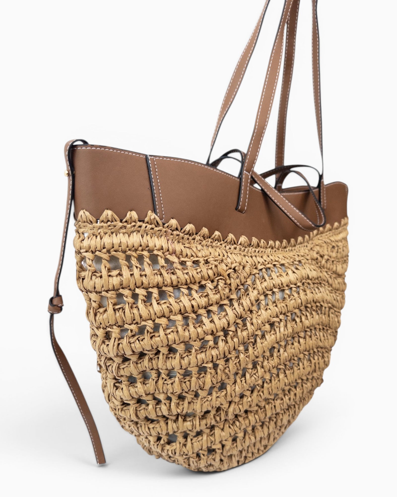 Shopper Tasche in Bast-Optik mit braunen Details natur