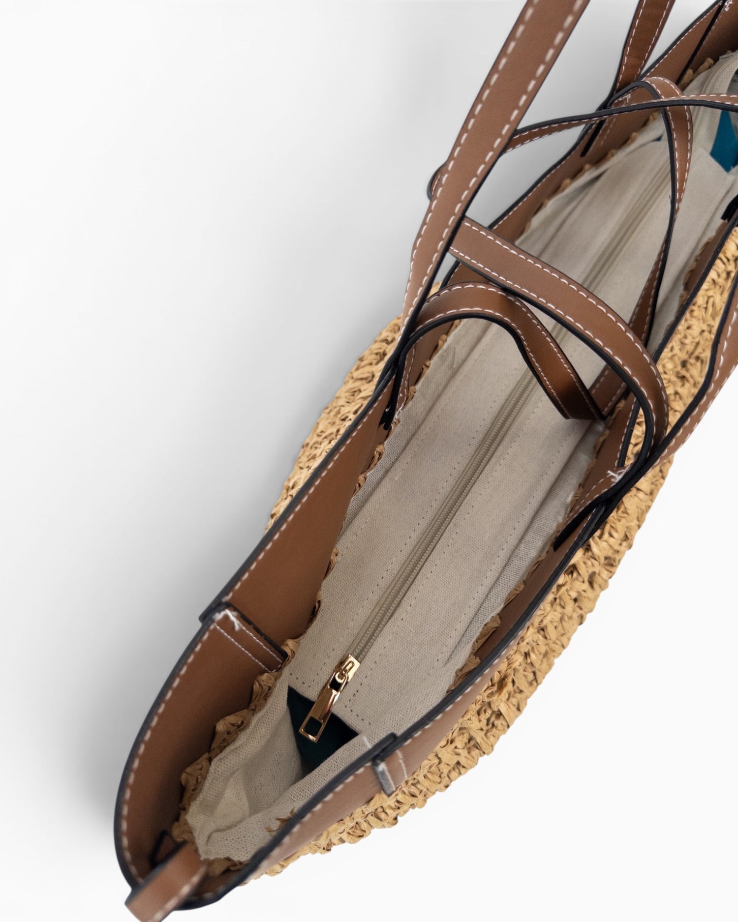 Shopper Tasche in Bast-Optik mit braunen Details natur