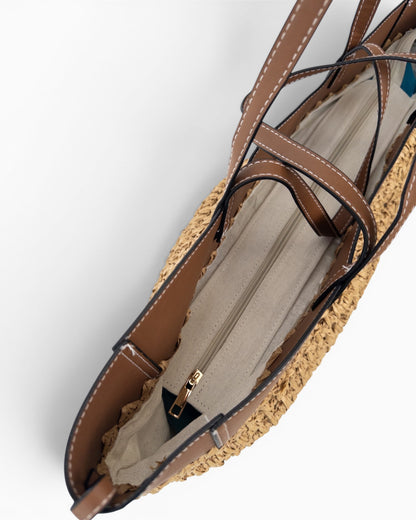 Shopper Tasche in Bast-Optik mit braunen Details natur